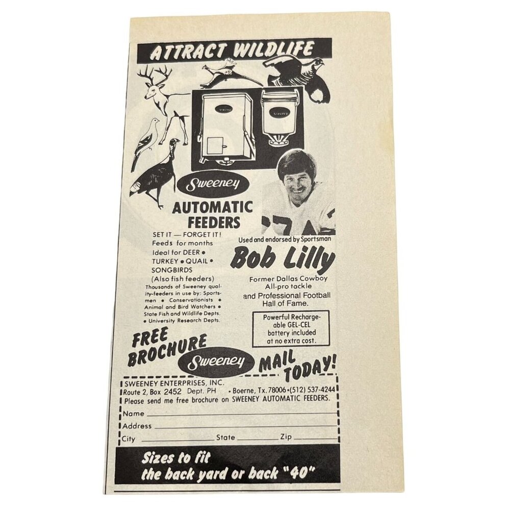 Sweeney Bird Feeders Mini Print Ad 1980 Vintage Bob Lilly Dallas Cowboy